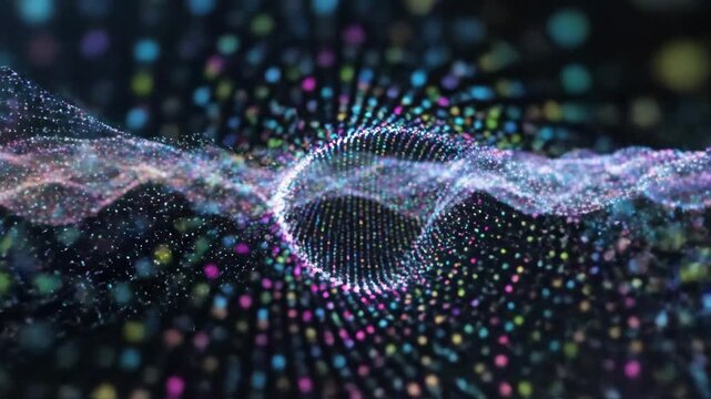 A captivating digital visualization of glowing multicolored particles forming a dynamic wave pattern in motion, symbolizing data flow and technological innovation.