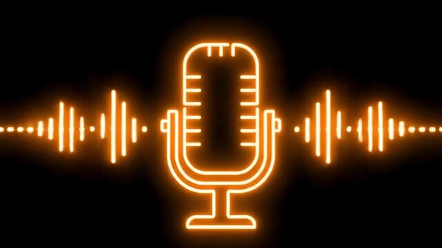 Podcast neon glowing microphone with dynamic orange audio waves pulsing in the dark broadcast studio, perfect for digital marketing ads