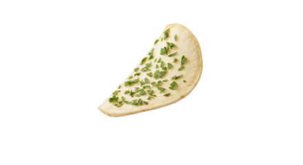 Artisan flatbread slice adorned with fresh herbs, levitating on a clean white backdrop, displaying simple culinary elegance