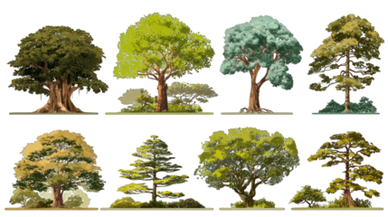 A collection of diverse tree illustrations showcasing various shapes, sizes, and foliage colors.
