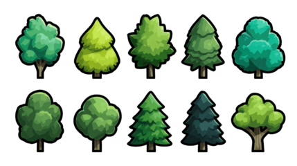 A collection of stylized trees in various shapes and shades of green, showcasing different foliage types.