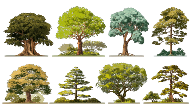 A collection of diverse tree illustrations showcasing various shapes, sizes, and foliage colors.