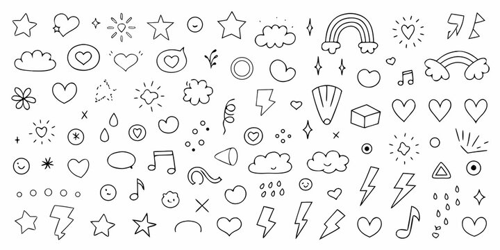 Collection of hand drawn doodle elements stars hearts clouds rainbows and lightning bolts