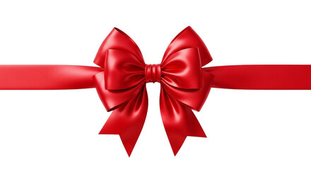 Shiny red satin gift bow tied on a ribbon horizontally across a transparent background, isolated on transparent background