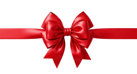 Shiny red satin gift bow tied on a ribbon horizontally across a transparent background, isolated on transparent background