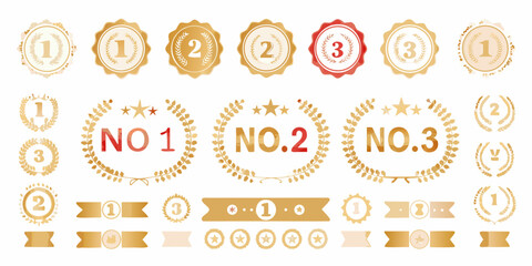Collection of golden laurel wreath badges and ribbons for ranking and awards