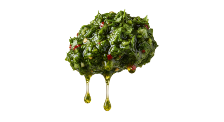 Lush herbal chimichurri with glistening olive oil cascading down in artistic display against bright background