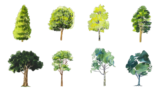 A variety of illustrated trees showcasing different shapes and foliage, arranged in two rows.