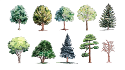 A collection of various tree illustrations showcasing different types and foliage.