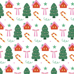 Christmas Pattern with House, Christmas Tree, Ribbon, Star, Candy Cane