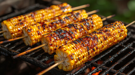 Four Corn Cobs Grilling on a Barbecue Grill Outdoors with Smoky Charred Kernels