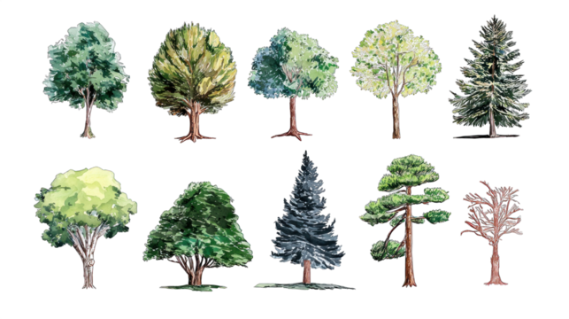A collection of various tree illustrations showcasing different types and foliage.