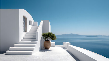 White architecture with blue sea and sky white building stairs