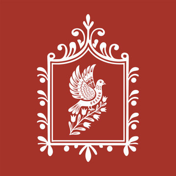 Ukrainian Folk Art Dove and Floral Ornament Traditional Embroidery Style Vector