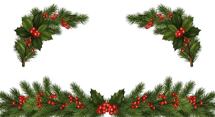 Christmas fir branch garland and corner decorations with green holly leaf and bright red berry cluster isolated on transparent background