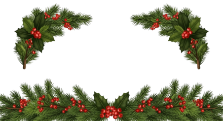 Christmas fir branch garland and corner decorations with green holly leaf and bright red berry cluster isolated on transparent background