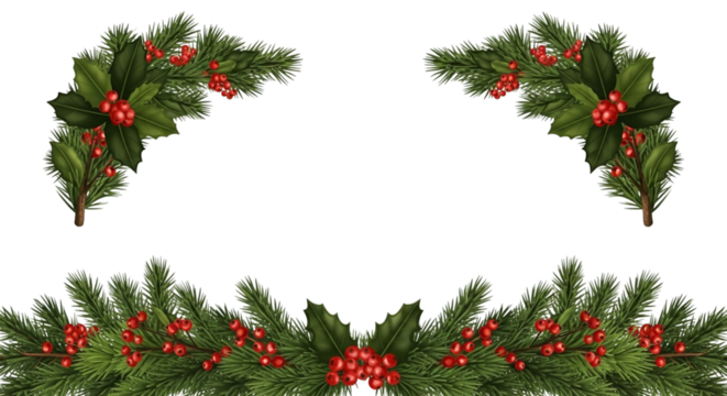 Christmas fir branch garland and corner decorations with green holly leaf and bright red berry cluster isolated on transparent background
