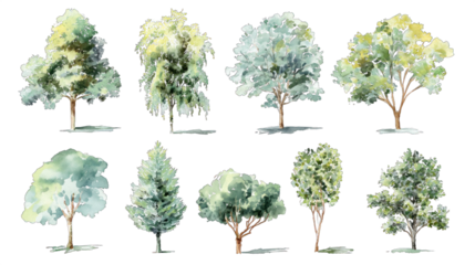A collection of various trees depicted in watercolor style, showcasing different shapes, sizes, and foliage colors.