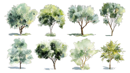 A collection of various artistic tree illustrations showcasing different shapes, sizes, and foliage colors.