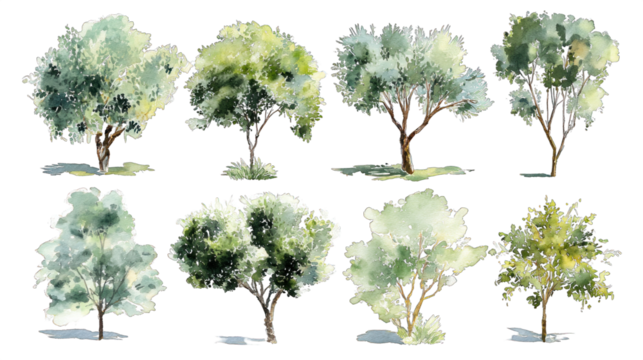 A collection of various artistic tree illustrations showcasing different shapes, sizes, and foliage colors.