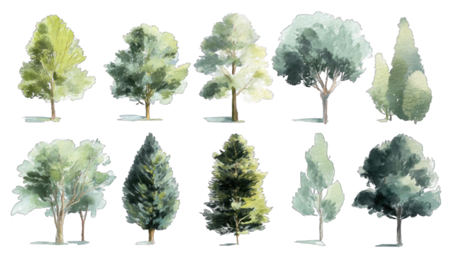 A collection of various tree illustrations showcasing different shapes, sizes, and foliage in a watercolor style.
