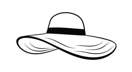 A simple black and white line drawing illustration of a wide-brimmed floppy hat with a band, perfect for summer or beach concepts.