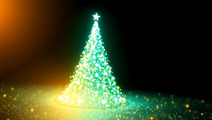 A glowing christmas tree with a star on top shines brightly against a dark, festive background