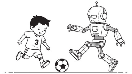 Monochrome Vector Illustration Boy Robot Playing Soccer Outline Style