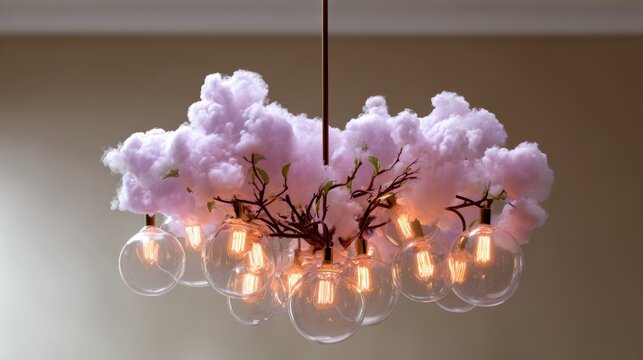 Unique chandelier design featuring pink fluffy clouds and glowing light bulbs, suspended from a ceiling, creating a whimsical and modern atmosphere in interior decor