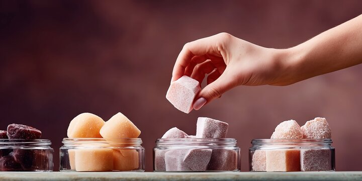 Colorful gummy candies in jars with a hand picking one against a blurred background - Powered by Adobe