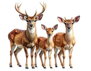  Deer Family Standing Together in Natural Formation, Buck, Doe, and Fawn Illustration on White Background (2)