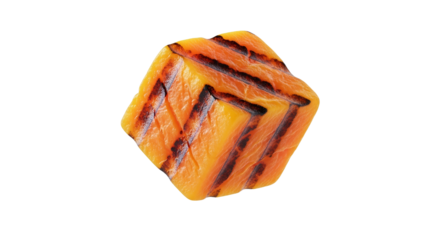 Grilled apricot sculpture suspended in space, showcasing geometric form and the play of light and shadow, simple presentation and isolated on a