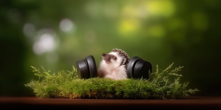 Hedgehog relaxing on moss with headphones in a serene natural setting