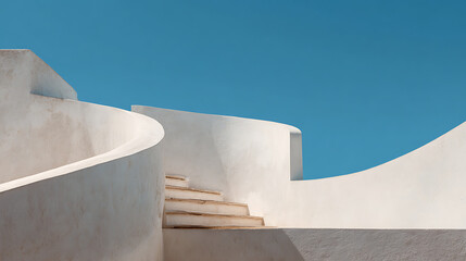 White curved architecture against bright blue sky stairs