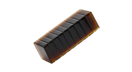 Geometric chocolate dessert brick resting diagonally against a stark white backdrop displaying an intricate arrangement and smooth surface texture