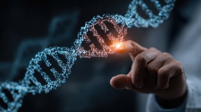 Medicine doctor uses virtual screen interface, dna and hologram for digital healthcare and network connection, modern medical technology and futuristic concept - Powered by Adobe