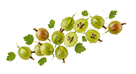 Sparkling gooseberries with leaves on white background displaying vibrant green and contrasting brown tones creating a fresh natural vibe