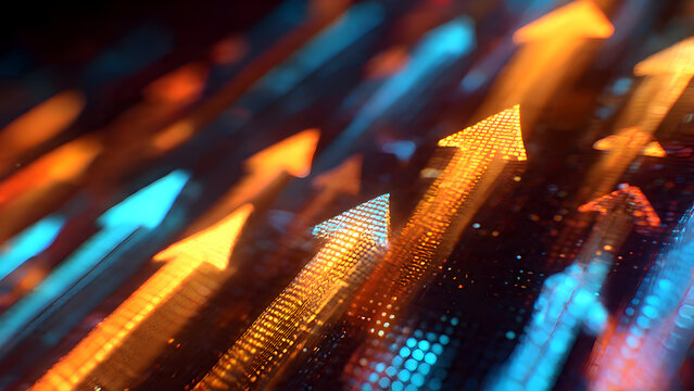 Photorealistic candlestick chart with oversized ascending arrows, shadowy glass effects, subdued neon hues, and market turbulence in sharp focus.