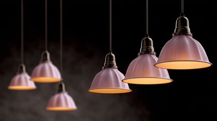 Obraz premium Elegant hanging pendant lights with soft pink shades illuminating a dark space, creating a warm and inviting atmosphere, perfect for modern interior design and ambiance enhancement