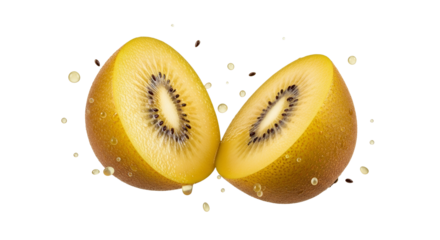 Halved golden kiwi fruits adorned with sparkling water droplets on an isolated background showcasing vibrant texture and colors