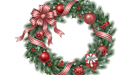 Beautiful watercolor illustration of a festive christmas wreath decorated with red ornaments, holly berries, and a large striped bow, isolated on transparent background