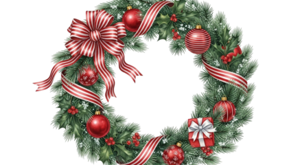 Beautiful watercolor illustration of a festive christmas wreath decorated with red ornaments, holly berries, and a large striped bow, isolated on transparent background