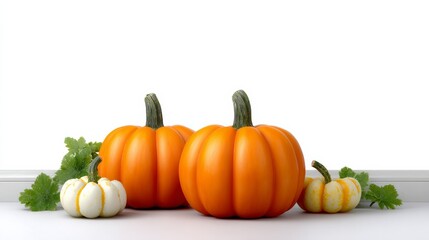 Vibrant orange pumpkins and small white gourds arranged artistically on a clean surface, surrounded by fresh green leaves, creating a festive autumn atmosphere with copy space