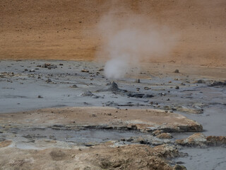 mountains and geysers in Hverir in Iceland