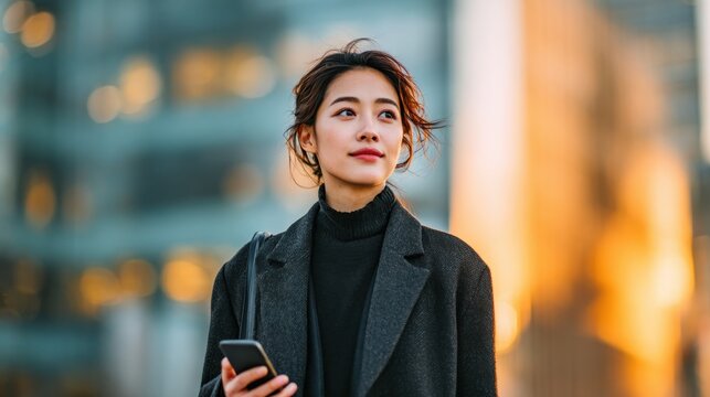 Successful korean business woman using mobile phone standing on urban street with modern skyscrapers in background during golden hour