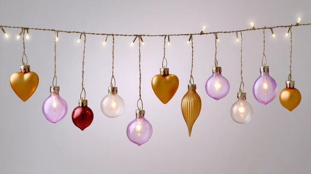 Colorful decorative ornaments hanging on a string with warm fairy lights, creating a festive atmosphere for celebrations, showcasing various shapes and textures in a charming display - Powered by Adobe