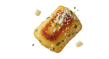Perfectly golden pan-fried gnocchi topped with grated cheese and aromatic herbs presented on a white backdrop