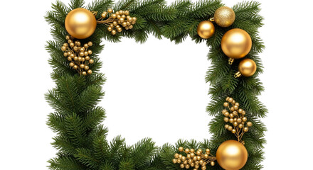 Square christmas wreath frame made of green fir branches decorated with shiny gold baubles and berries isolated on transparent background