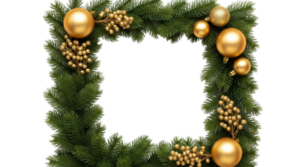 Square christmas wreath frame made of green fir branches decorated with shiny gold baubles and berries isolated on transparent background