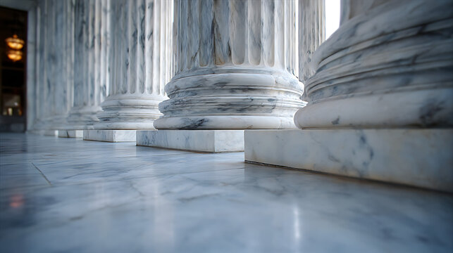 White marble columns with grey veining and polished floor architectural detail classical architecture - Powered by Adobe
